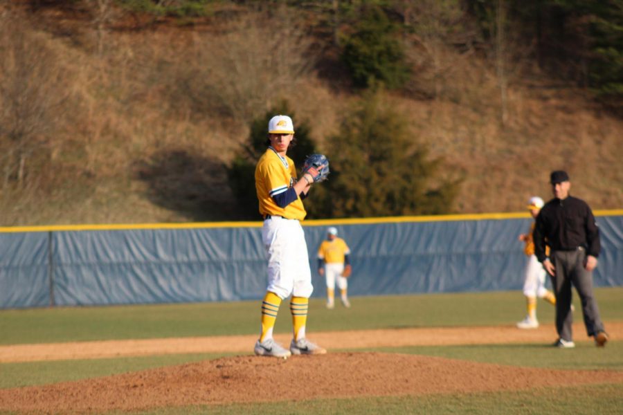 Sophomore pitcher Cole Spain on the mound for Averett in game 2 against Washington and Lee.