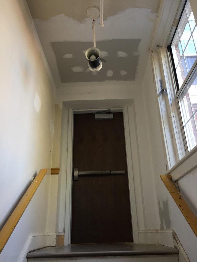 Drywall that has been replaced in the Davenport stairwell