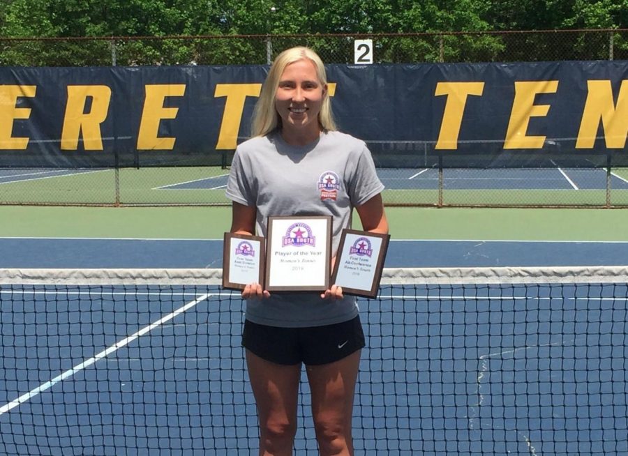 Sarkkinen+is+pictured+with+her+conference+awards.+She+was+awarded+First+Team+East+Division%2C+All+Sportsmanship+Team%2C+All-Conference%2C+and+Player+of+the+Year+on+April+26%2C+2019+in+LaGrange%2C+Georgia.