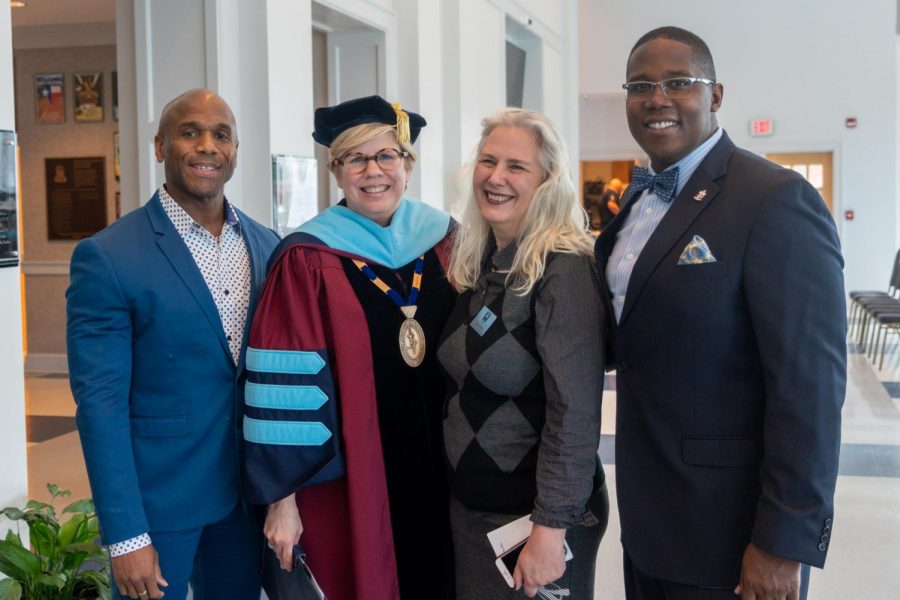 Alumni speakers pose with Averett President Dr. Tiffany Franks before the Founder's Day ceremony. L to R: Kenneth Bain, Dr. Tiffany Franks, Elsabé Dixon, and Hermon Mason. Photo courtesy of Travis Dix, Office of Institutional Advancement. 