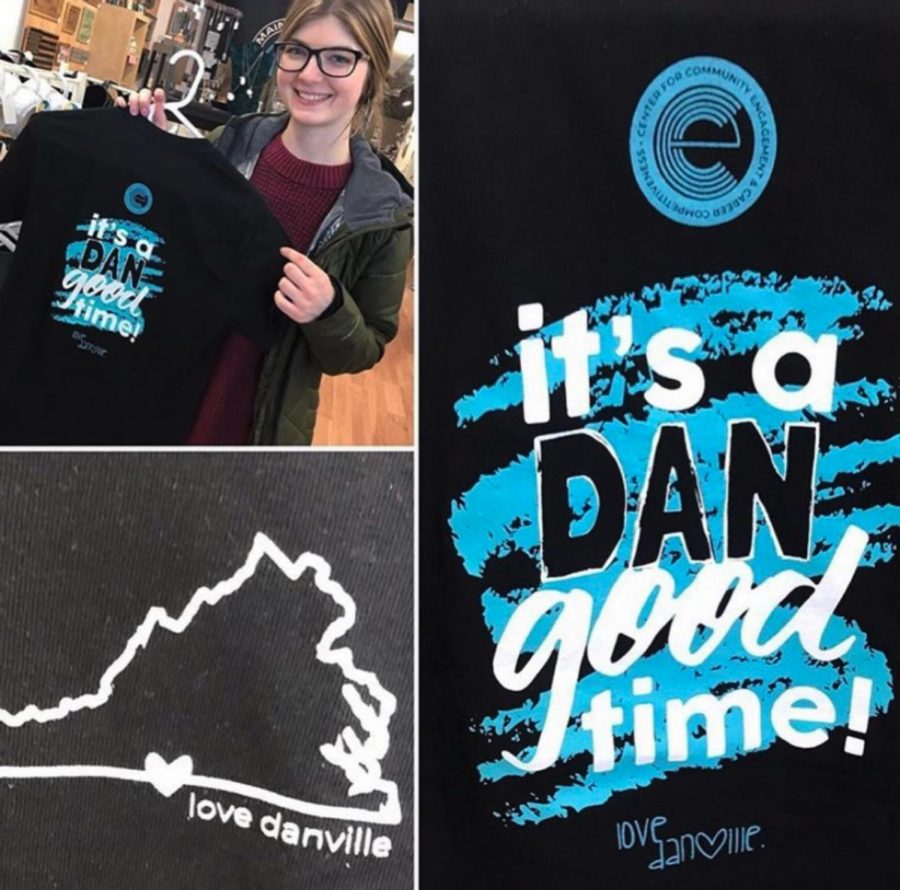 President of the Love Danville Higher Education Council, Tyler Goad, shows off the councils t-shirt along with detailed images of the t-shirts front and back design.