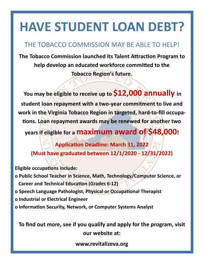 Virginia Tobacco Region Revitalization Commission is Accepting Applications to Help Pay off Student Loan Debt