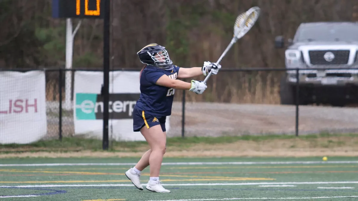 Kylie McWhorter in goal for Averett women's lacrosse